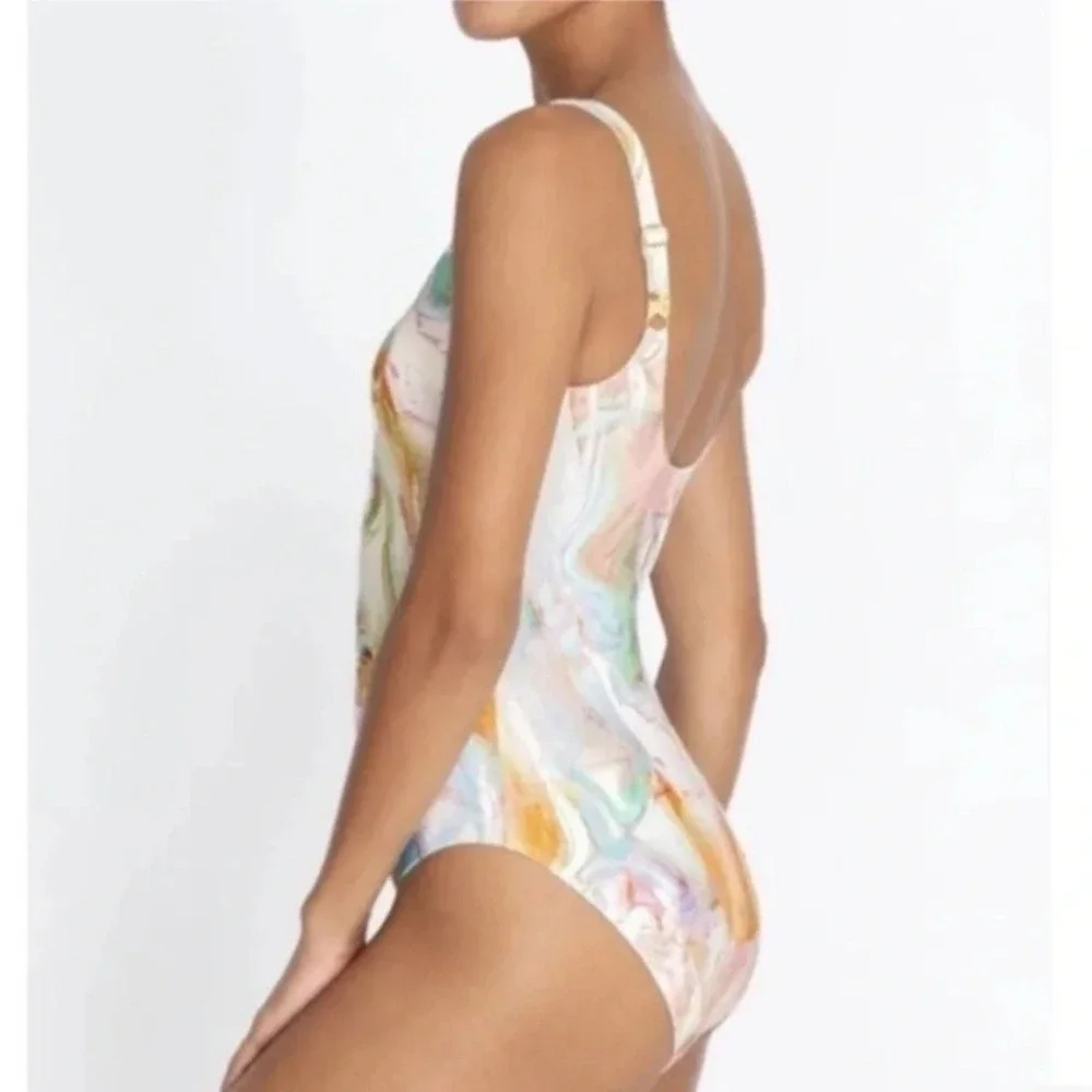 Johnny Was Calme Multi Rainbow Marble‎ Print One-Piece Abstract Swimsuit XL NWOT